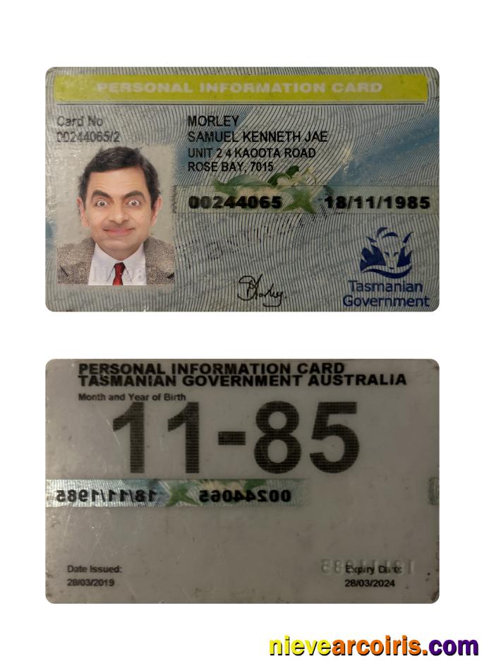 Australia Tasmania personal information card